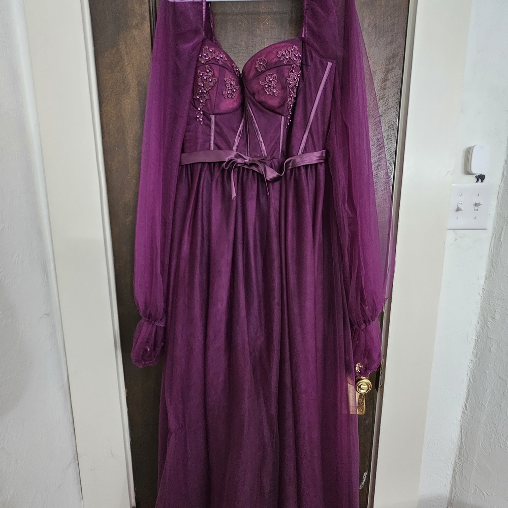 Embellished Purple Evening Dress with Sheer Sleeves